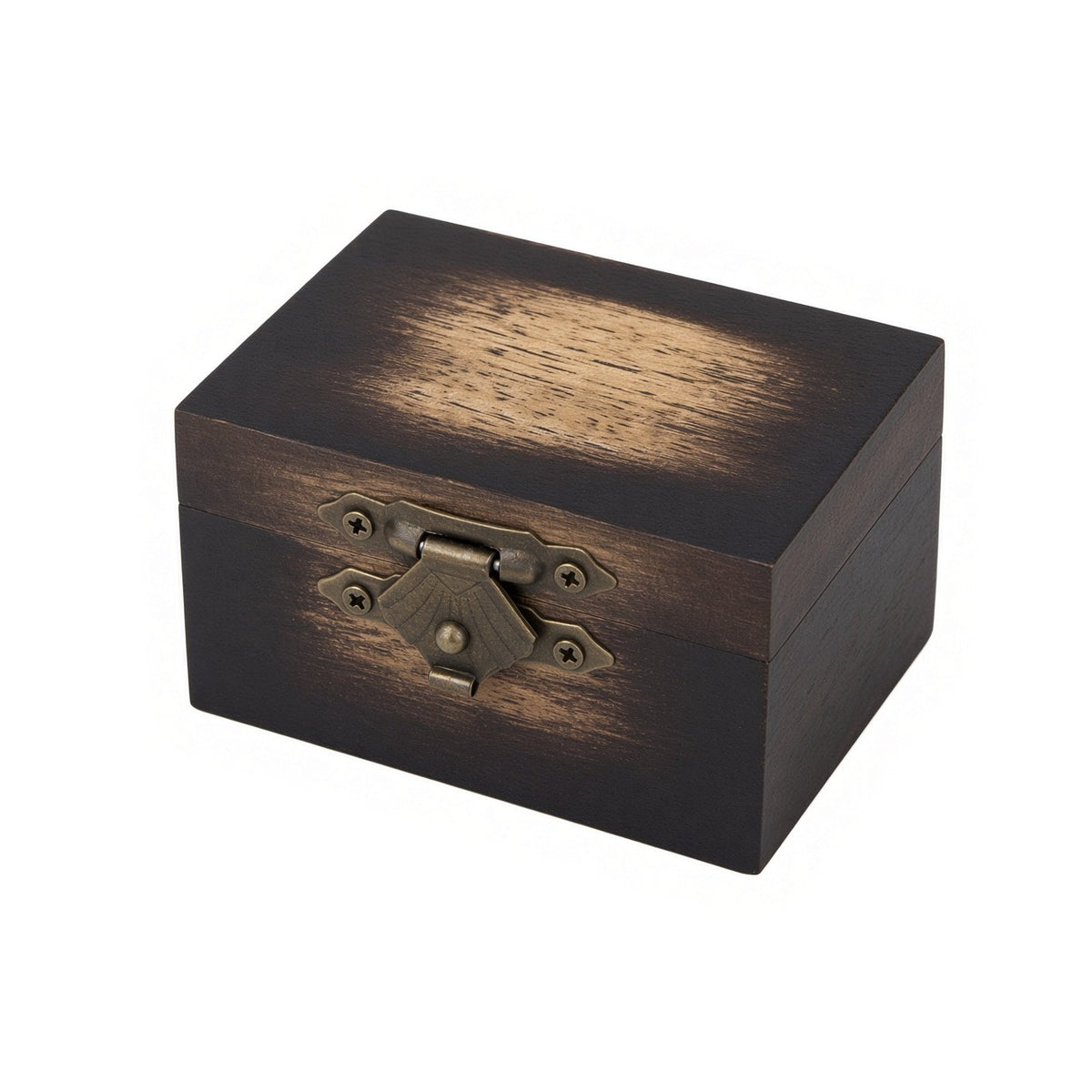 Dark scorched wooden ring box closed with an antique brass latch