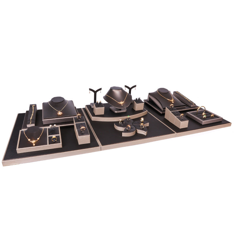 ring display and earring display - Black Beige PU Leather Display Stand Ring Earring C02800 front view