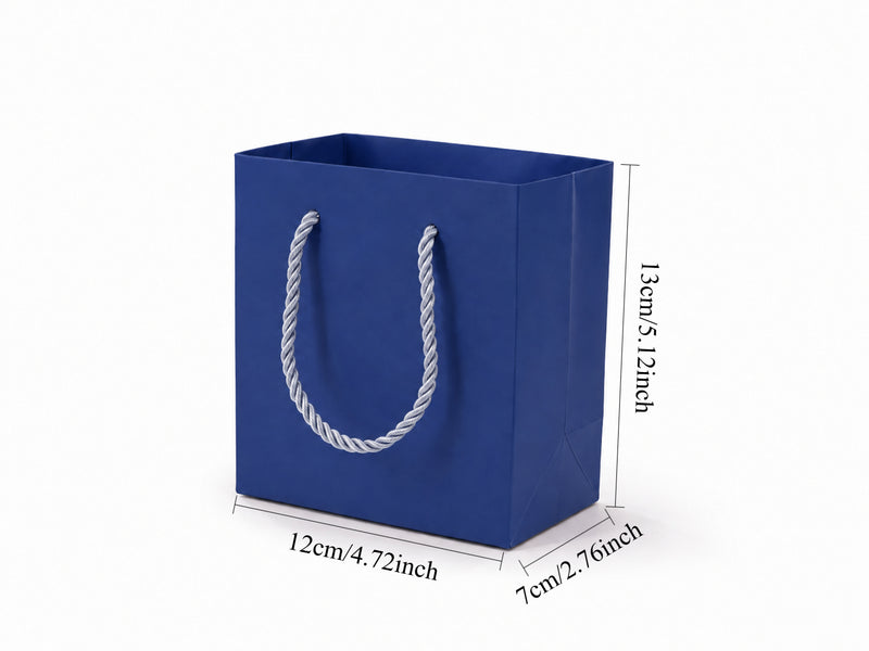 Bulk 24-pack of blue paper gift bags for jewelry retail packaging, 4.75 × 2.75 × 5 in