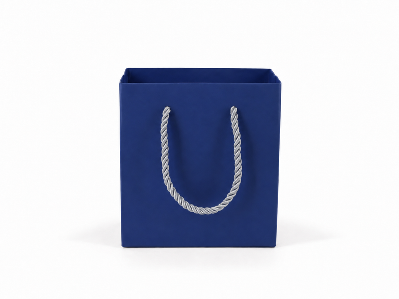 Dimensions for blue small square paper tote gift bag: 4.75 × 2.75 × 5 in
