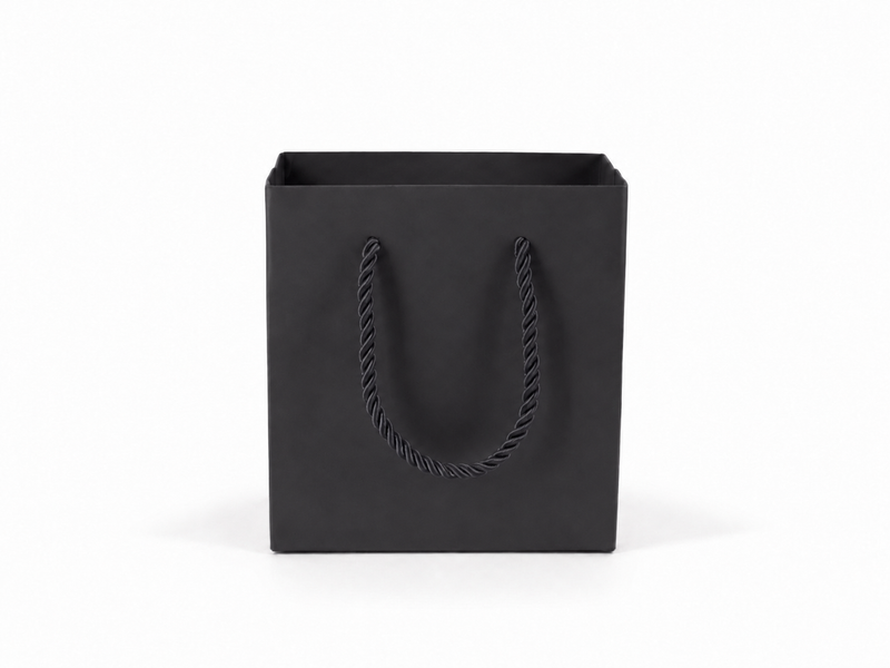 Dimensions for black small square paper tote gift bag: 4.75 × 2.75 × 5 in
