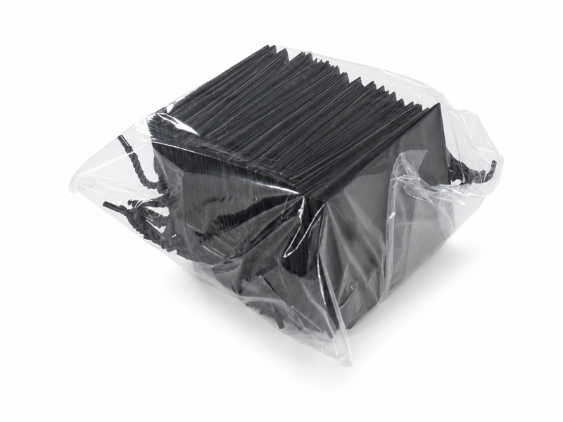 Front view of black jewelry store gift tote bag with rope handles, 4.75 × 2.75 × 5 in