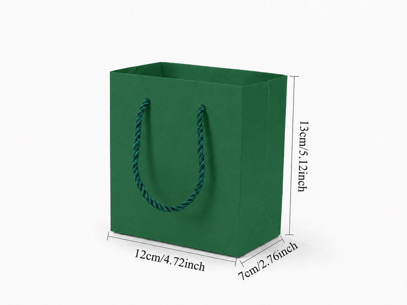 Front view of green jewelry store gift tote bag with rope handles, 4.75 × 2.75 × 5 in