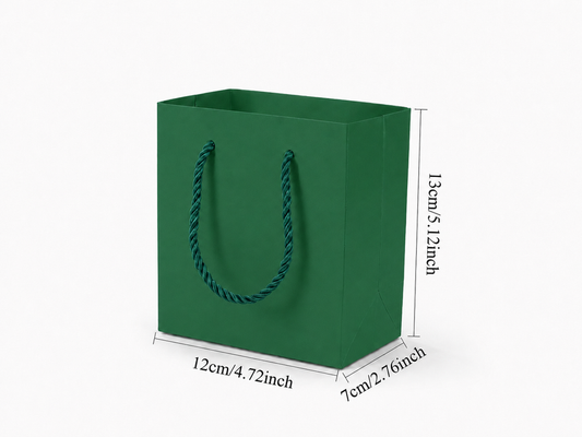Front view of green jewelry store gift tote bag with rope handles, 4.75 × 2.75 × 5 in