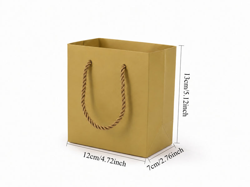 Dimensions for gold small square paper tote gift bag: 4.75 × 2.75 × 5 in