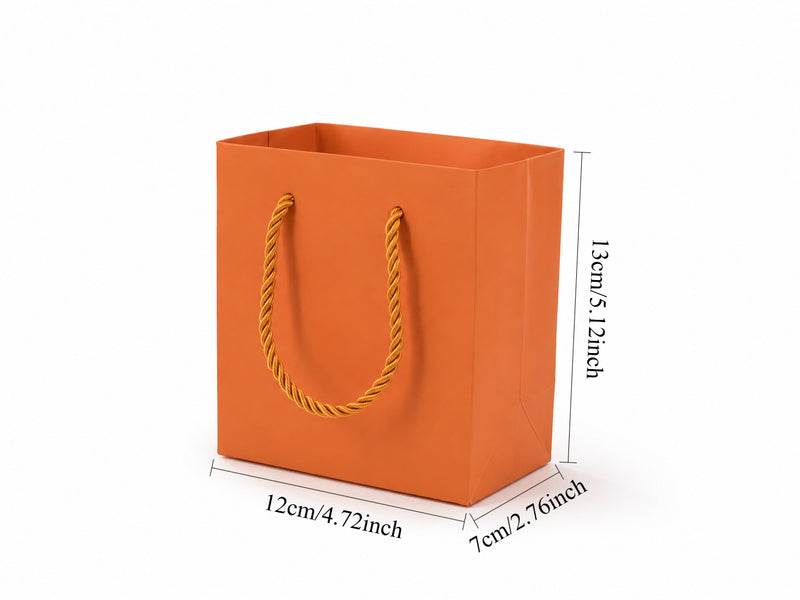 Dimensions for orange small square paper tote gift bag: 4.75 × 2.75 × 5 in
