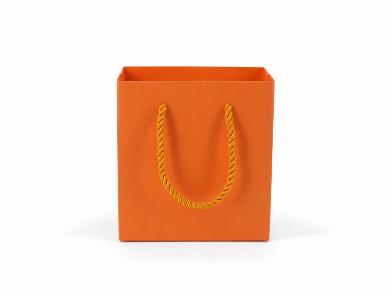 Orange small square paper gift tote bag with rope handles, 24 pack