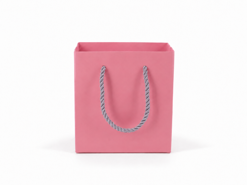 Front view of pink jewelry store gift tote bag with rope handles, 4.75 × 2.75 × 5 in