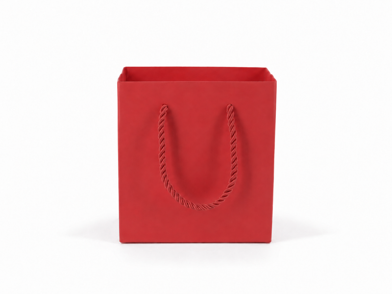 Dimensions for red small square paper tote gift bag: 4.75 × 2.75 × 5 in