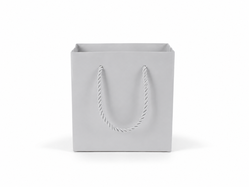 Dimensions for silver small square paper tote gift bag: 4.75 × 2.75 × 5 in