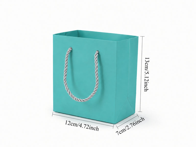 Front view of tiffany blue jewelry store gift tote bag with rope handles, 4.75 × 2.75 × 5 in