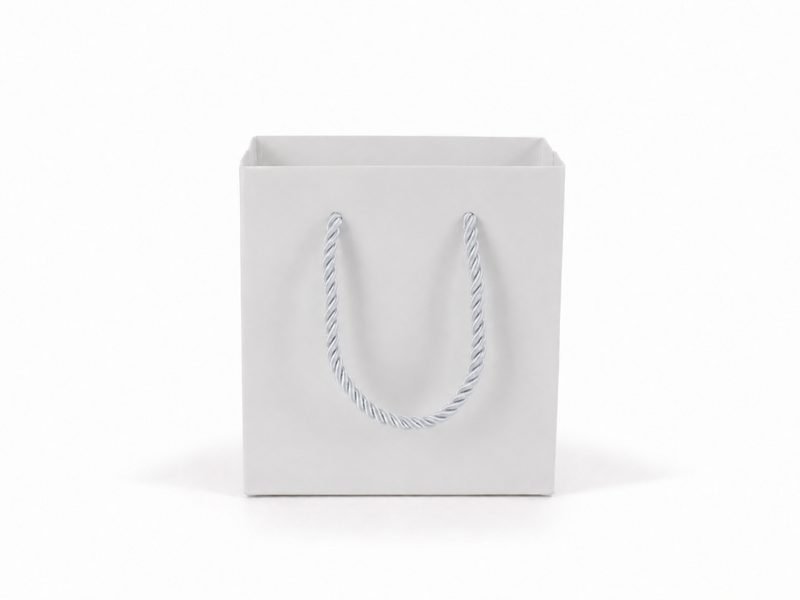 Front view of white jewelry store gift tote bag with rope handles, 4.75 × 2.75 × 5 in