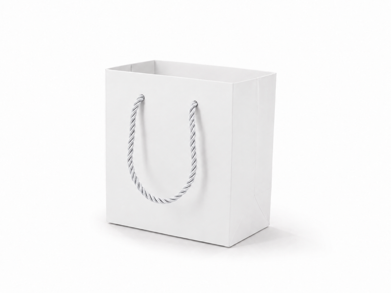 white small square paper gift tote bag with rope handles, 24 pack