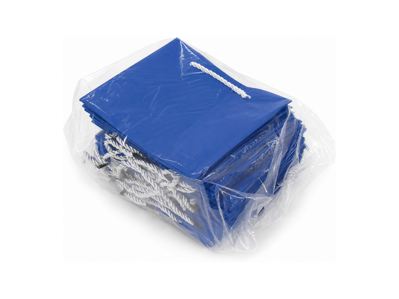 Bulk 24-pack of blue paper gift bags for jewelry retail packaging, 6.25 × 3.5 × 7.75 in