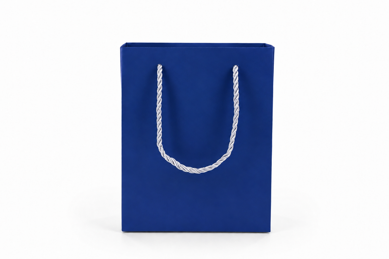 Dimensions for blue medium tall paper tote gift bag: 6.25 × 3.5 × 7.75 in