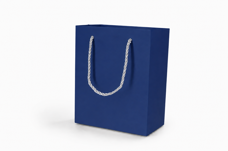 Blue medium tall paper gift tote bag with rope handles, 24 pack