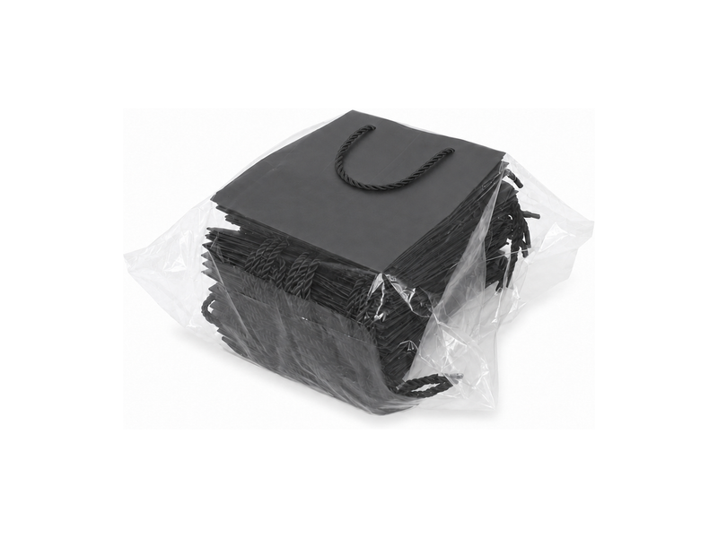 Bulk 24-pack of black paper gift bags for jewelry retail packaging, 6.25 × 3.5 × 7.75 in