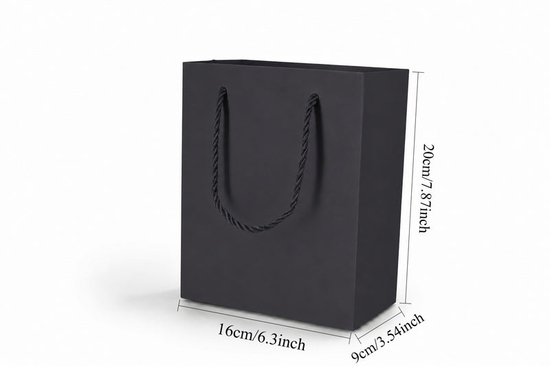 Front view of black jewelry store gift tote bag with rope handles, 6.25 × 3.5 × 7.75 in