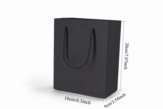 Front view of black jewelry store gift tote bag with rope handles, 6.25 × 3.5 × 7.75 in