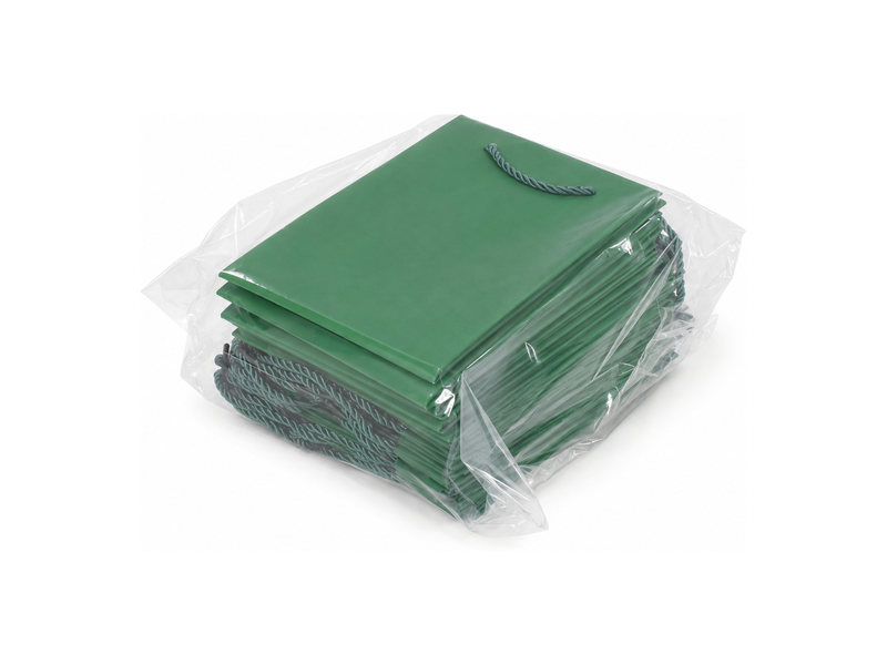 Bulk 24-pack of green paper gift bags for jewelry retail packaging, 6.25 × 3.5 × 7.75 in