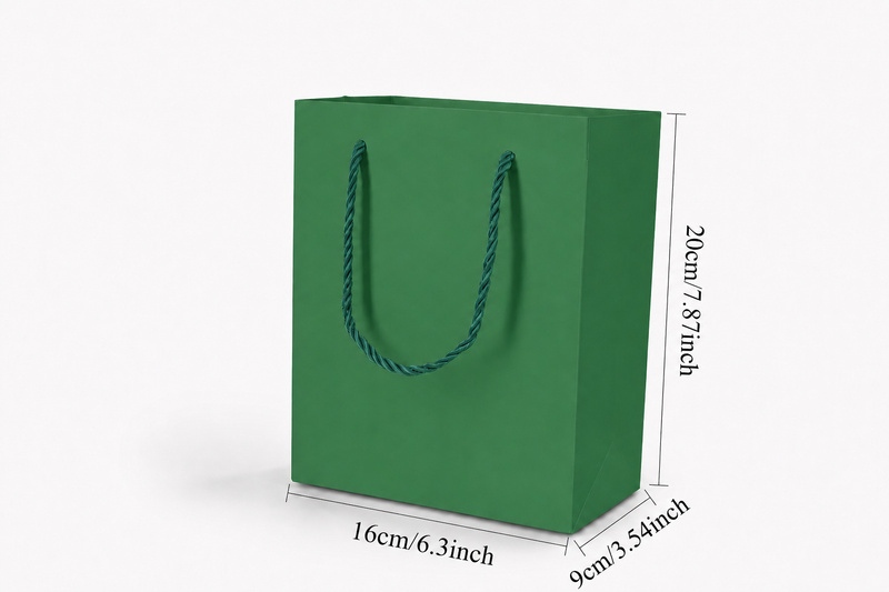 Dimensions for green medium tall paper tote gift bag: 6.25 × 3.5 × 7.75 in