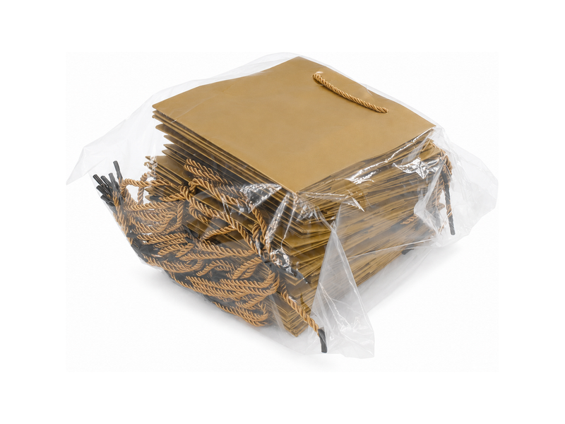 Bulk 24-pack of gold paper gift bags for jewelry retail packaging, 6.25 × 3.5 × 7.75 in