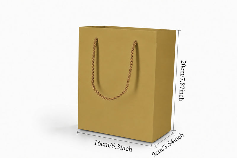 Dimensions for gold medium tall paper tote gift bag: 6.25 × 3.5 × 7.75 in