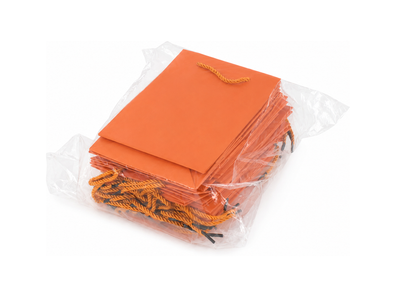 Bulk 24-pack of orange paper gift bags for jewelry retail packaging, 6.25 × 3.5 × 7.75 in
