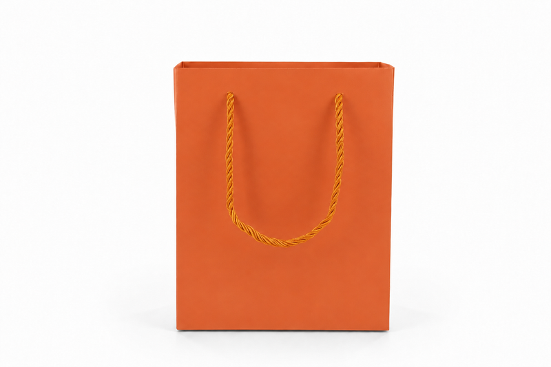 Dimensions for orange medium tall paper tote gift bag: 6.25 × 3.5 × 7.75 in