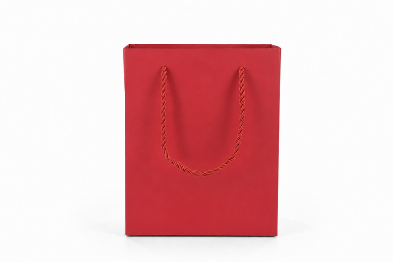 Dimensions for red medium tall paper tote gift bag: 6.25 × 3.5 × 7.75 in