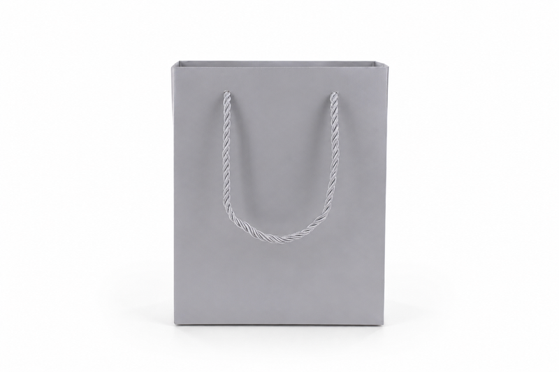 Dimensions for silver medium tall paper tote gift bag: 6.25 × 3.5 × 7.75 in