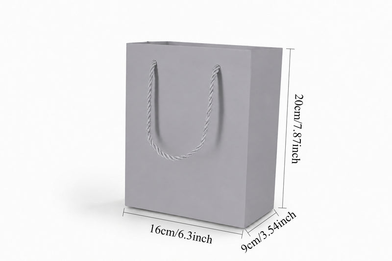 Front view of silver jewelry store gift tote bag with rope handles, 6.25 × 3.5 × 7.75 in