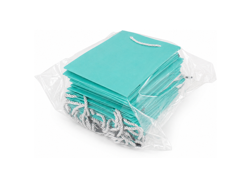 Bulk 24-pack of tiffany blue paper gift bags for jewelry retail packaging, 6.25 × 3.5 × 7.75 in
