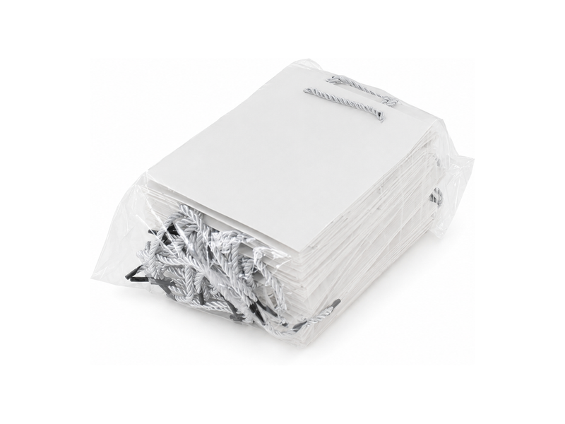 Bulk 24-pack of white paper gift bags for jewelry retail packaging, 6.25 × 3.5 × 7.75 in