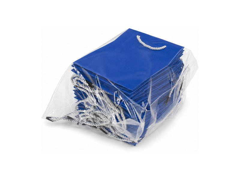 Bulk 24-pack of blue paper gift bags for jewelry retail packaging, 7.75 × 3.5 × 6.25 in