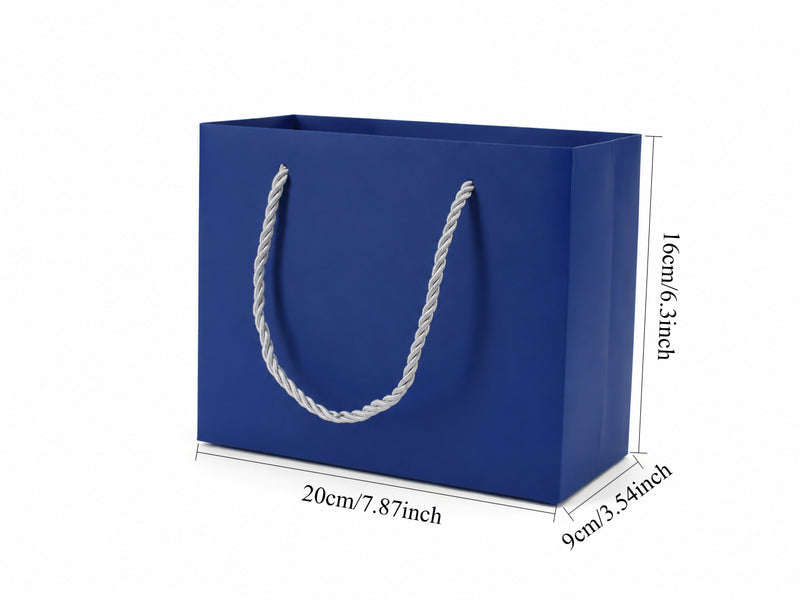 Dimensions for blue medium landscape paper tote gift bag: 7.75 × 3.5 × 6.25 in