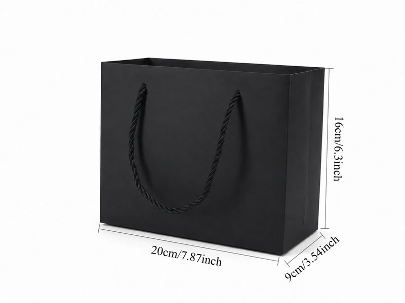Dimensions for black medium landscape paper tote gift bag: 7.75 × 3.5 × 6.25 in