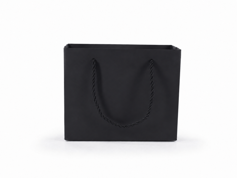 Front view of black jewelry store gift tote bag with rope handles, 7.75 × 3.5 × 6.25 in