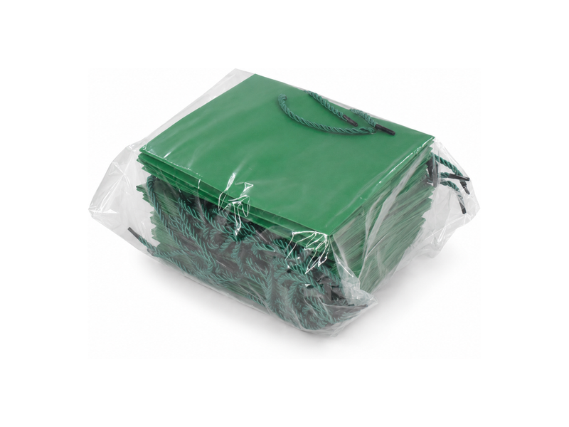 Bulk 24-pack of green paper gift bags for jewelry retail packaging, 7.75 × 3.5 × 6.25 in