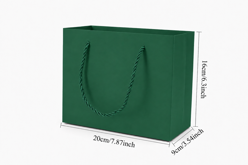 Dimensions for green medium landscape paper tote gift bag: 7.75 × 3.5 × 6.25 in