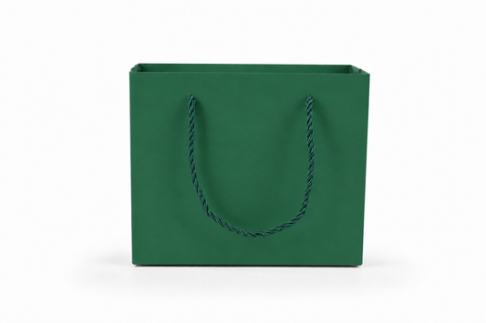 Front view of green jewelry store gift tote bag with rope handles, 7.75 × 3.5 × 6.25 in