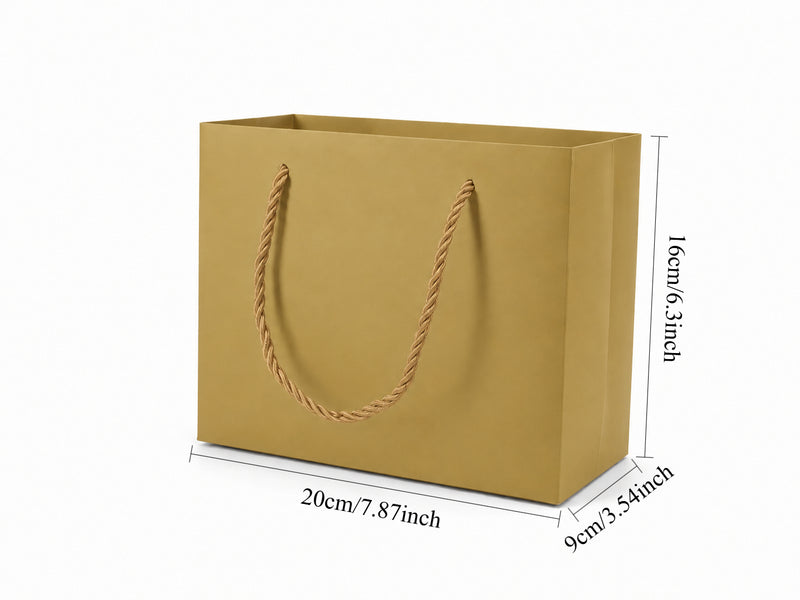 Dimensions for gold medium landscape paper tote gift bag: 7.75 × 3.5 × 6.25 in