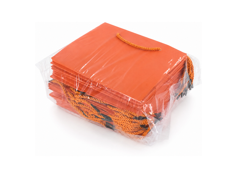 Bulk 24-pack of orange paper gift bags for jewelry retail packaging, 7.75 × 3.5 × 6.25 in