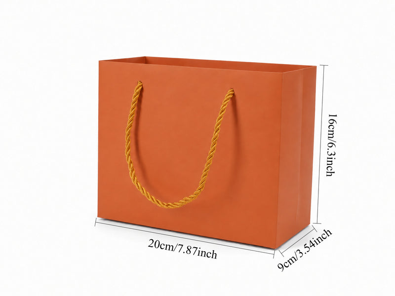 Front view of orange jewelry store gift tote bag with rope handles, 7.75 × 3.5 × 6.25 in