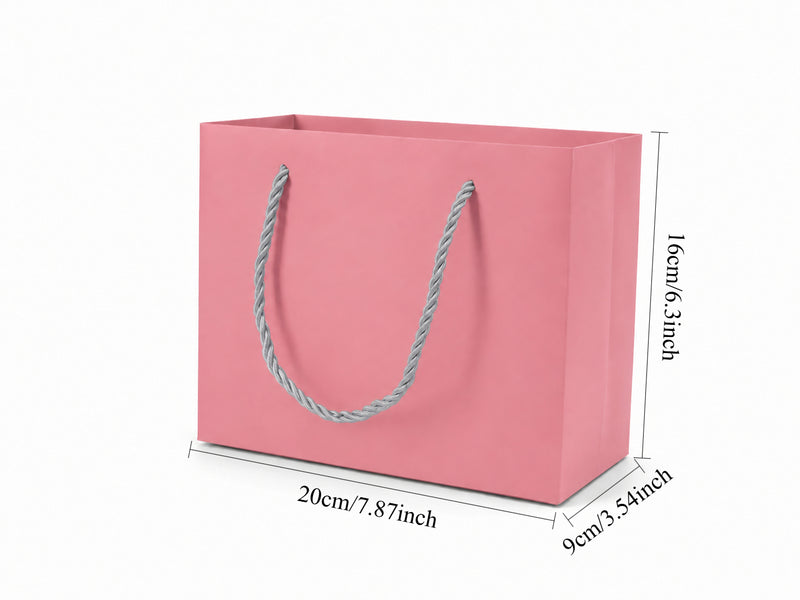 Dimensions for pink medium landscape paper tote gift bag: 7.75 × 3.5 × 6.25 in