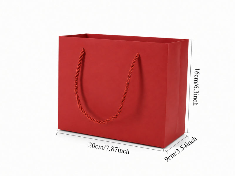 Dimensions for red medium landscape paper tote gift bag: 7.75 × 3.5 × 6.25 in