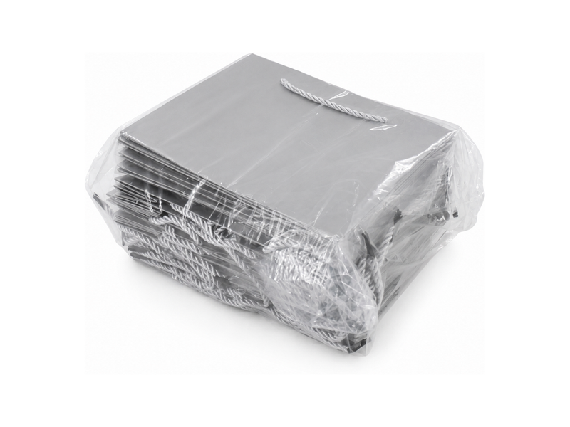 Bulk 24-pack of silver paper gift bags for jewelry retail packaging, 7.75 × 3.5 × 6.25 in