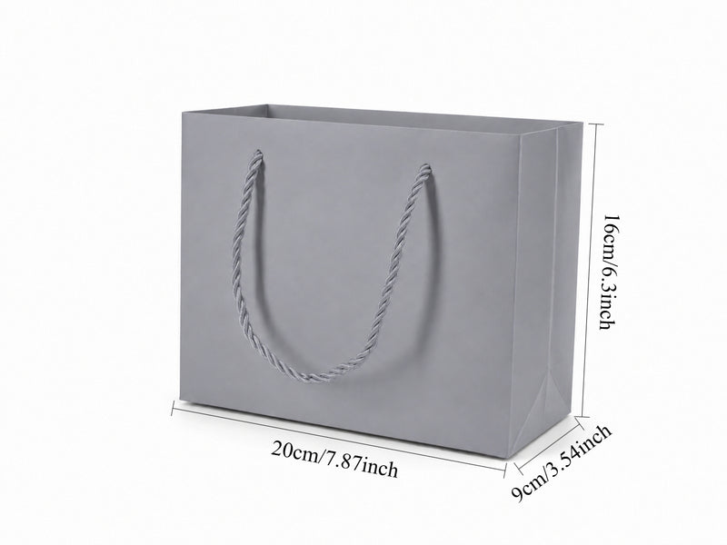 Dimensions for silver medium landscape paper tote gift bag: 7.75 × 3.5 × 6.25 in