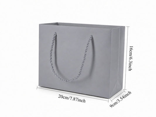 Dimensions for silver medium landscape paper tote gift bag: 7.75 × 3.5 × 6.25 in