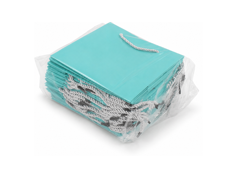Bulk 24-pack of tiffany blue paper gift bags for jewelry retail packaging, 7.75 × 3.5 × 6.25 in